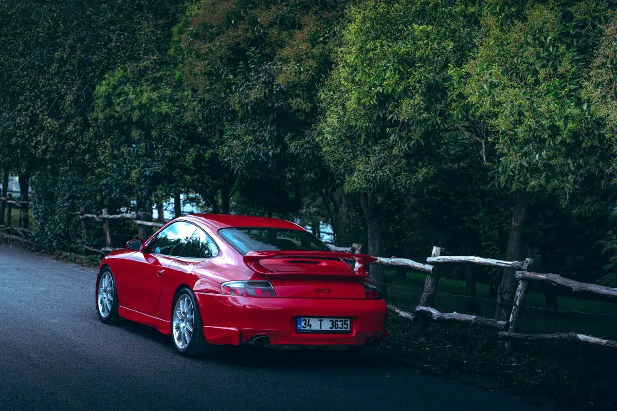 Kırmızı Porsche 996 GT3 ormanda